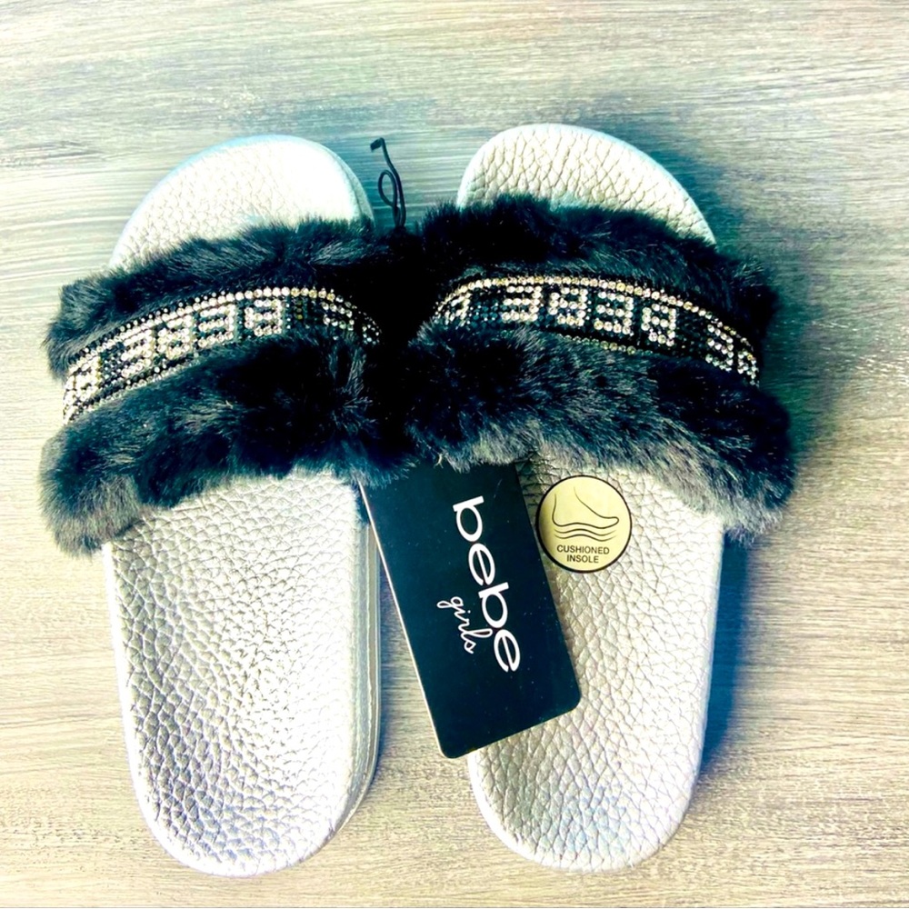 BEBE RHINESTONE FAUX FUR SLIDDERS BEBE ( little kids )